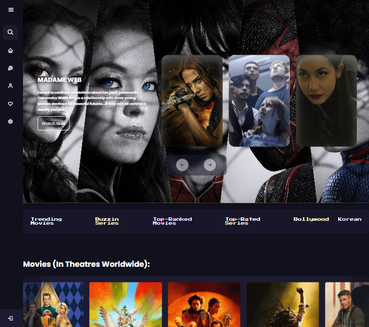 I have utilized the capabilities of HTML5, CSS, JS & TMDB API to build a interactive and user-friendly website, having all the functionalities of searching, exploring, streaming movies & series through 3rd party web-scraper APIs.